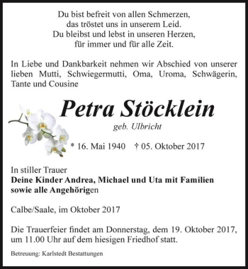 Traueranzeige von Petra Stöcklein (geb. Ulbricht)  von Magdeburger Volksstimme