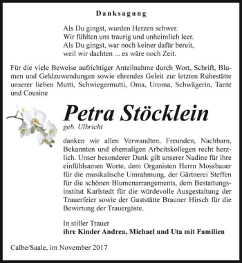 Traueranzeige von Petra Stöcklein (geb. Ulbricht)  von Magdeburger Volksstimme