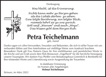 Traueranzeige von Petra Teichelmann (geb. Arend)  von Magdeburger Volksstimme