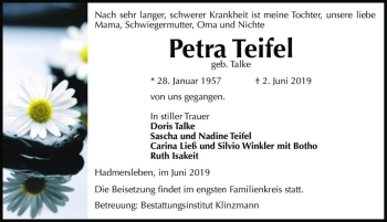 Traueranzeige von Petra Teifel (geb. Talke)  von Magdeburger Volksstimme