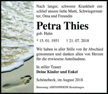 Traueranzeige von Petra Thies (geb. Hahn)  von Magdeburger Volksstimme