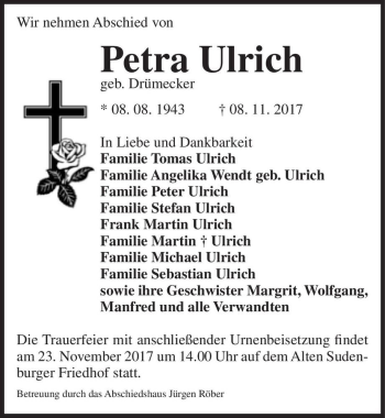 Traueranzeige von Petra Ulrich (geb. Drümecker)  von Magdeburger Volksstimme