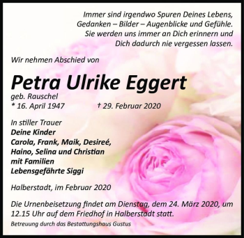 Traueranzeige von Petra Ulrike Eggert (geb. Rauschel)  von Magdeburger Volksstimme