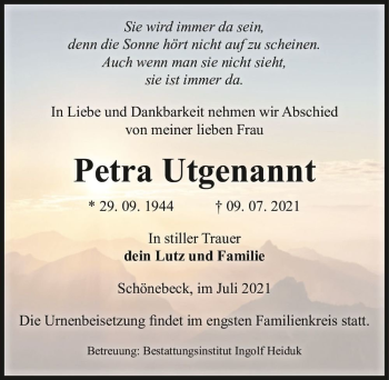 Traueranzeige von Petra Utgenannt  von Magdeburger Volksstimme