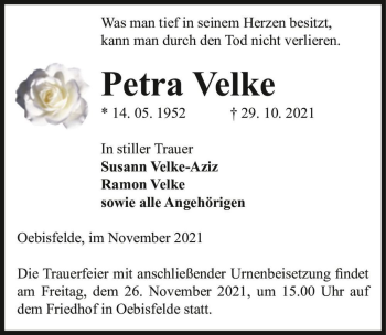 Traueranzeige von Petra Velke  von Magdeburger Volksstimme