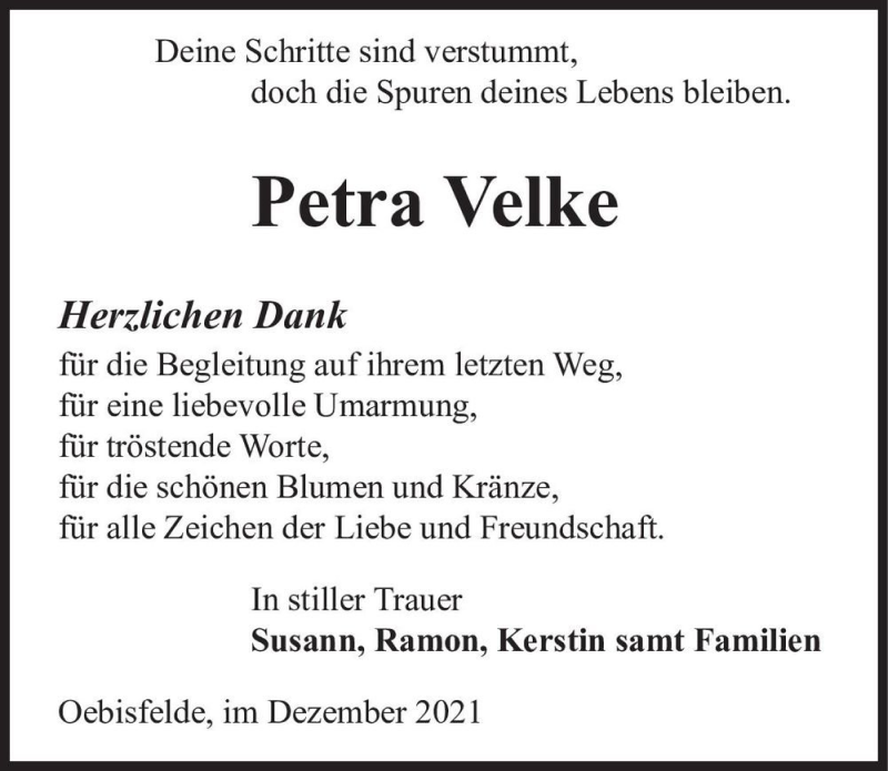  Traueranzeige für Petra Velke  vom 04.12.2021 aus Magdeburger Volksstimme