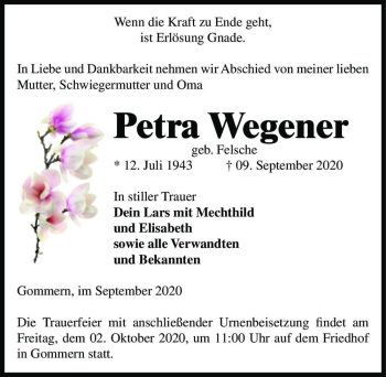 Traueranzeige von Petra Wegener (geb. Felsche)  von Magdeburger Volksstimme