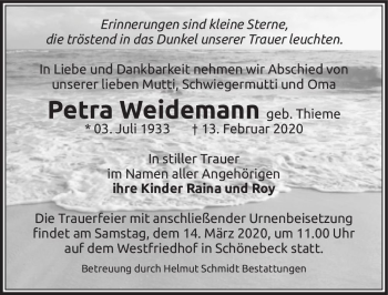 Traueranzeige von Petra Weidemann (geb. Thieme)  von Magdeburger Volksstimme
