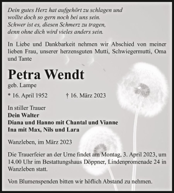 Traueranzeige von Petra Wendt (geb. Lampe)  von Magdeburger Volksstimme