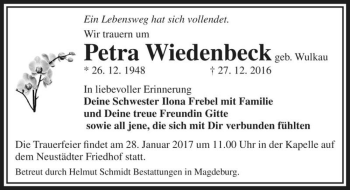 Traueranzeige von Petra Wiedenbeck (geb. Wulkau)  von Magdeburger Volksstimme