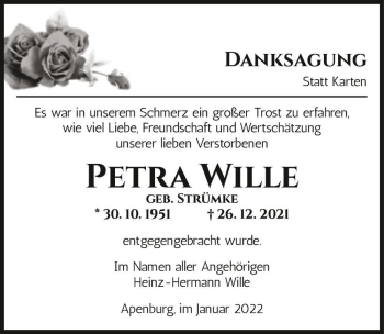 Traueranzeige von Petra Wille (geb. Strümke)  von Magdeburger Volksstimme
