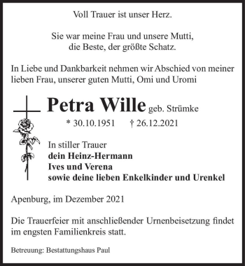 Traueranzeige von Petra Wille (geb. Strümke)  von Magdeburger Volksstimme