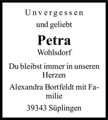 Traueranzeige von Petra Wohlsdorf  von Magdeburger Volksstimme