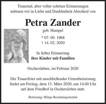 Traueranzeige von Petra Zander (geb. Hampel)  von Magdeburger Volksstimme