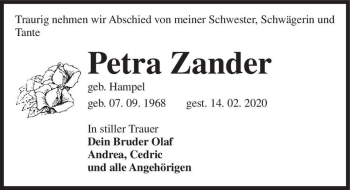 Traueranzeige von Petra Zander (geb. Hampel)  von Magdeburger Volksstimme