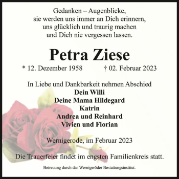 Traueranzeige von Petra Ziese  von Magdeburger Volksstimme