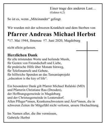 Traueranzeige von Pfarrer Andreas Michael Herbst  von Magdeburger Volksstimme