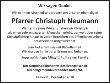 Traueranzeige von Pfarrer Christoph Neumann  von Magdeburger Volksstimme
