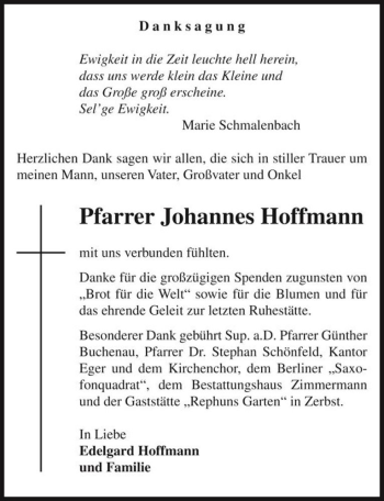 Traueranzeige von Pfarrer Johannes Hoffmann  von Magdeburger Volksstimme