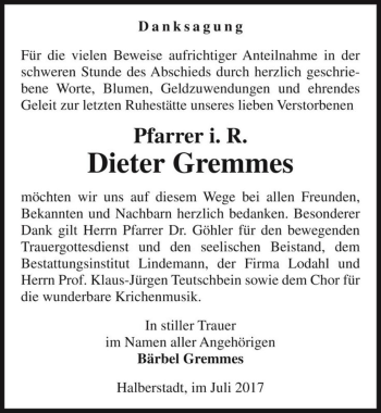 Traueranzeige von Pfarrer i. R. Dieter Gremmes  von Magdeburger Volksstimme