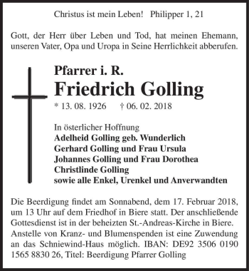Traueranzeige von Pfarrer i. R. Friedrich Golling  von Magdeburger Volksstimme