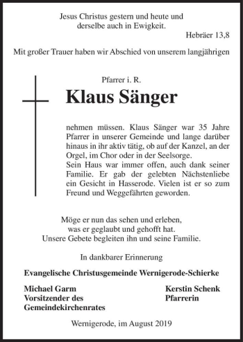 Traueranzeige von Pfarrer i. R. Klaus Sänger  von Magdeburger Volksstimme