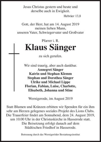 Traueranzeige von Pfarrer i. R. Klaus Sänger  von Magdeburger Volksstimme