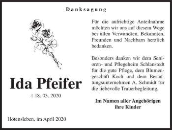 Traueranzeige von Pfeifer Ida  von Magdeburger Volksstimme