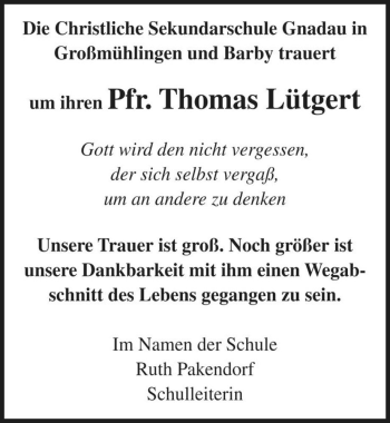 Traueranzeige von Pfr. Thomas Lütgert  von Magdeburger Volksstimme