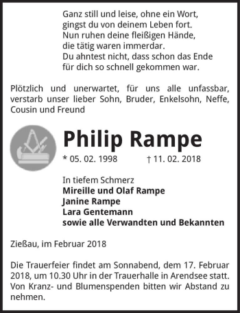 Traueranzeige von Philip Rampe  von Magdeburger Volksstimme