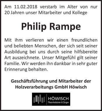Traueranzeige von Philip Rampe  von Magdeburger Volksstimme
