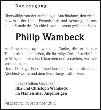 Traueranzeige von Philip Wambeck  von Magdeburger Volksstimme