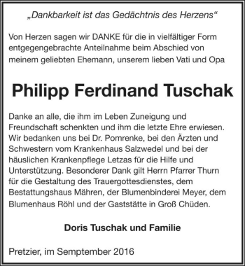 Traueranzeige von Philipp Ferdinand Tuschak  von Magdeburger Volksstimme