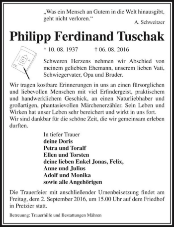 Traueranzeige von Philipp Ferdinand Tuschak  von Magdeburger Volksstimme