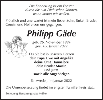 Traueranzeige von Philipp Gäde  von Magdeburger Volksstimme
