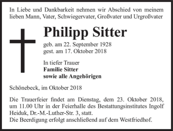 Traueranzeige von Philipp Sitter  von Magdeburger Volksstimme