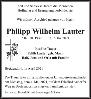 Traueranzeige von Philipp Wilhelm Lauter  von Magdeburger Volksstimme