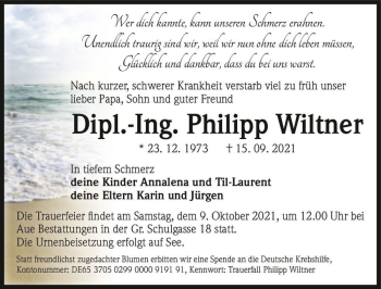 Traueranzeige von Philipp Wiltner  von Magdeburger Volksstimme
