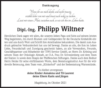 Traueranzeige von Philipp Wiltner  von Magdeburger Volksstimme