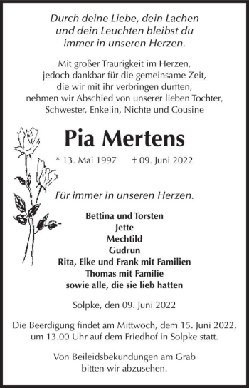 Traueranzeige von Pia Mertens  von Magdeburger Volksstimme