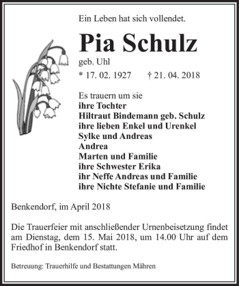 Traueranzeige von Pia Schulz (geb. Uhl)  von Magdeburger Volksstimme