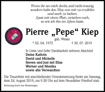 Traueranzeige von Pierre ,,Pepe