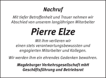 Traueranzeige von Pierre Elze  von Magdeburger Volksstimme