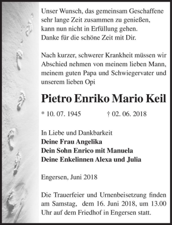 Traueranzeige von Pietro Enriko Mario Keil  von Magdeburger Volksstimme