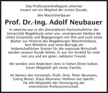 Traueranzeige von Prof. Dr.-Ing. Adolf Neubauer  von Magdeburger Volksstimme
