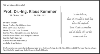Traueranzeige von Prof. Dr.-Ing. Klaus Kummer  von Magdeburger Volksstimme