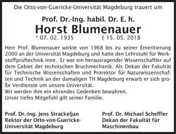 Traueranzeige von Prof. Dr.-Ing. habil. Dr. E. h. Horst Blumenauer  von Magdeburger Volksstimme