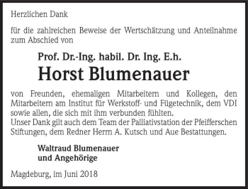 Traueranzeige von Prof. Dr.-Ing. habil. Dr. Ing. E.h. Horst Blumenauer  von Magdeburger Volksstimme