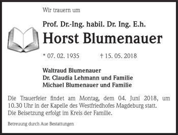 Traueranzeige von Prof. Dr.-Ing. habil. Dr. Ing. E.h. Horst Blumenauer  von Magdeburger Volksstimme