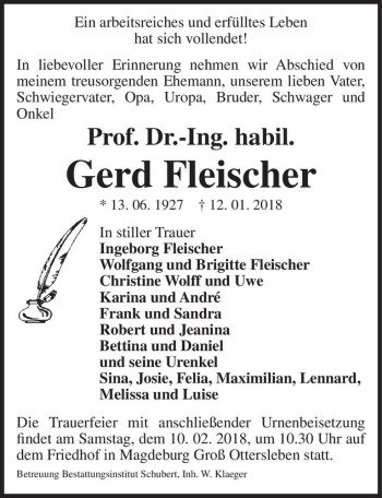 Traueranzeige von Prof. Dr.-Ing. habil. Gerd Fleischer  von Magdeburger Volksstimme